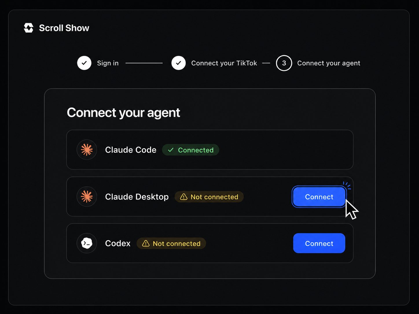 Panneau de connexion à l'agent montrant le statut de Claude Code, Claude Desktop et Codex